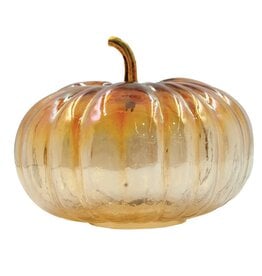 FLEURISH Glass Pumpkin with Brass Stem, Iridescent Finish, Amber Color