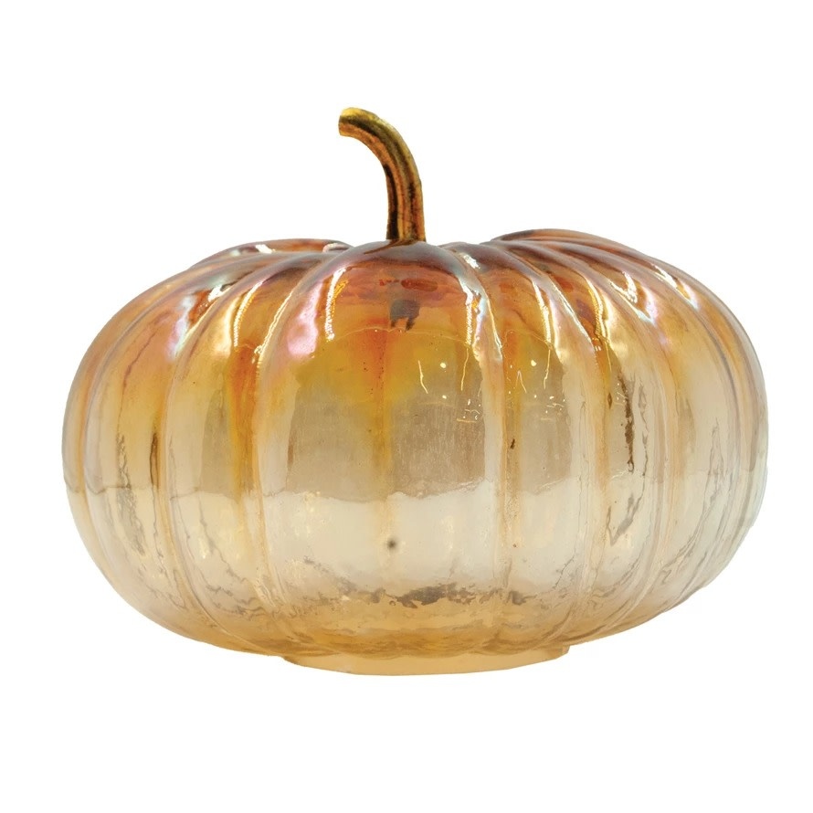 FLEURISH Glass Pumpkin with Brass Stem, Iridescent Finish, Amber Color