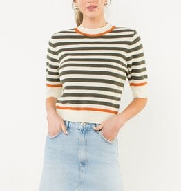 THML Cream Short Sleeve Striped Knit Top