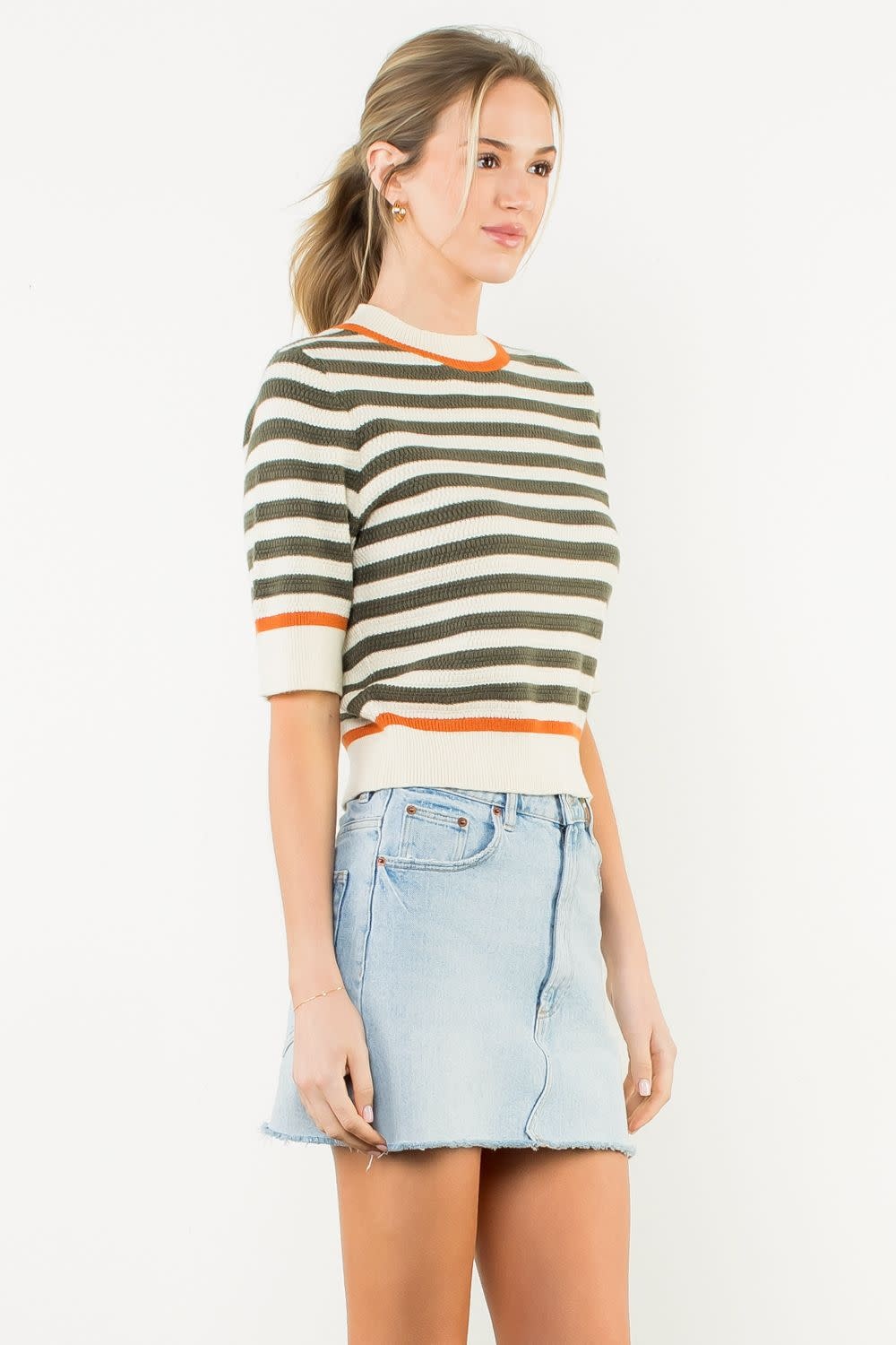 THML Cream Short Sleeve Striped Knit Top