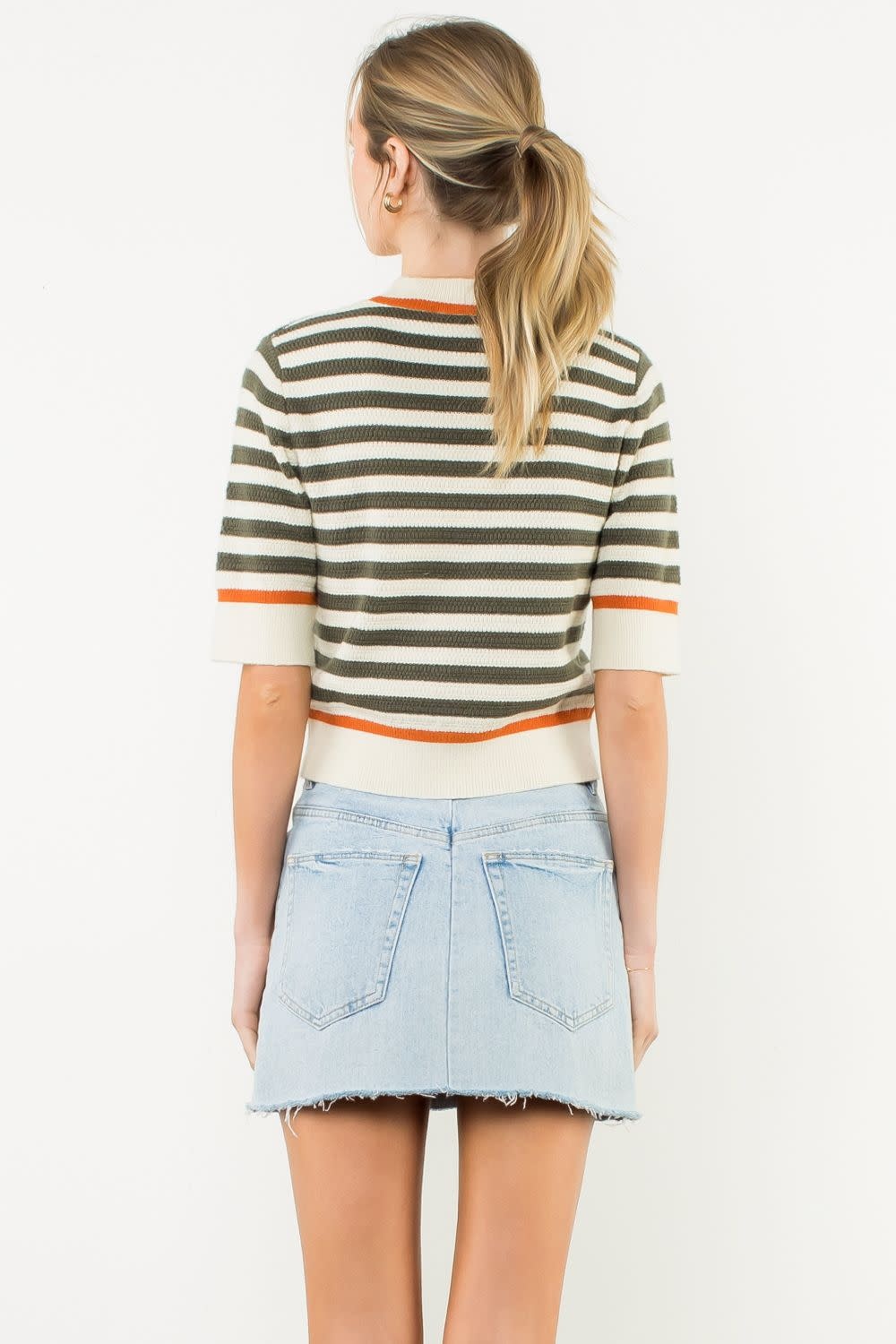 THML Cream Short Sleeve Striped Knit Top