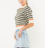 THML Cream Short Sleeve Striped Knit Top