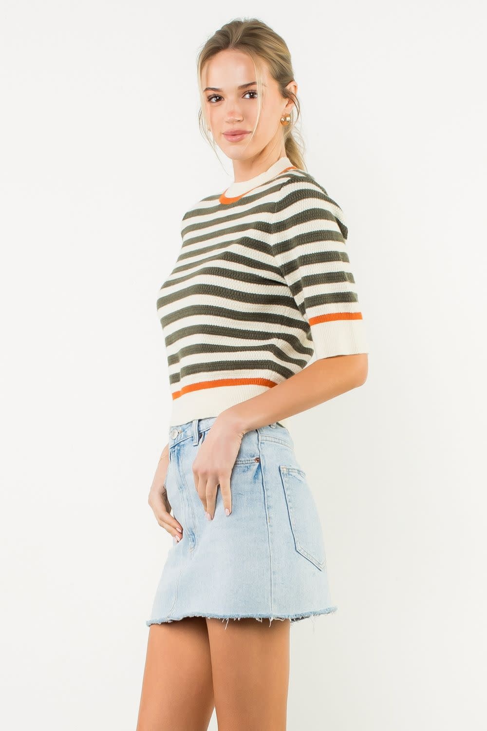 THML Cream Short Sleeve Striped Knit Top