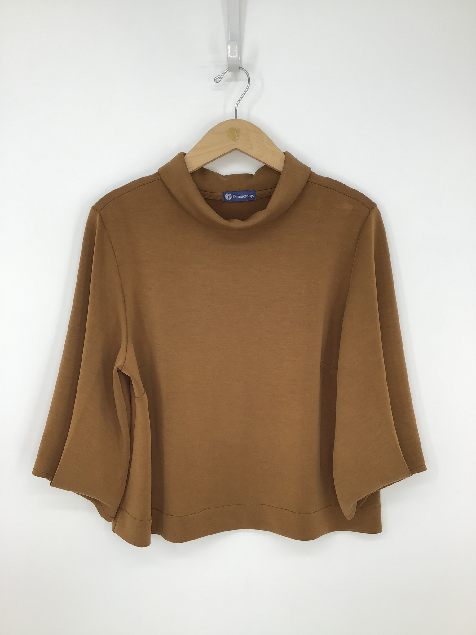 Democracy Nutmeg Pleated Elbow Sleeve Mock Neck Crop Top