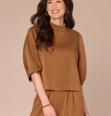 Democracy Nutmeg Pleated Elbow Sleeve Mock Neck Crop Top