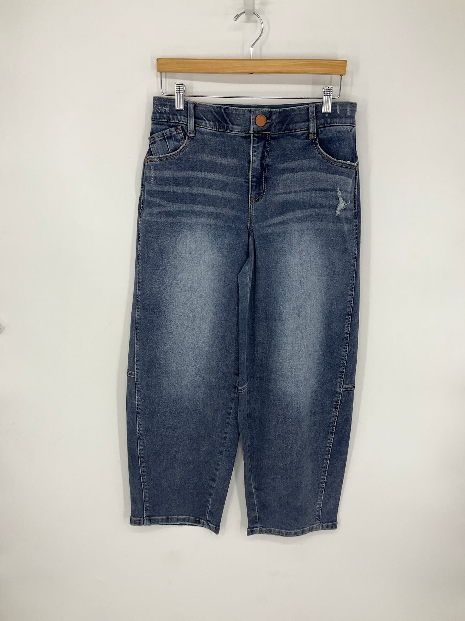 Democracy Mid Blue Artisanal 28 /17” “AB” Solution Skyrise Relaxed Barrel Leg