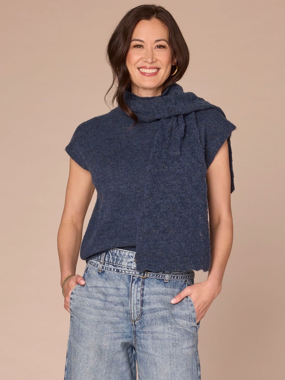 Democracy Heather Ensign Blue Extended Shoulder Round Neck Sweater Vest
