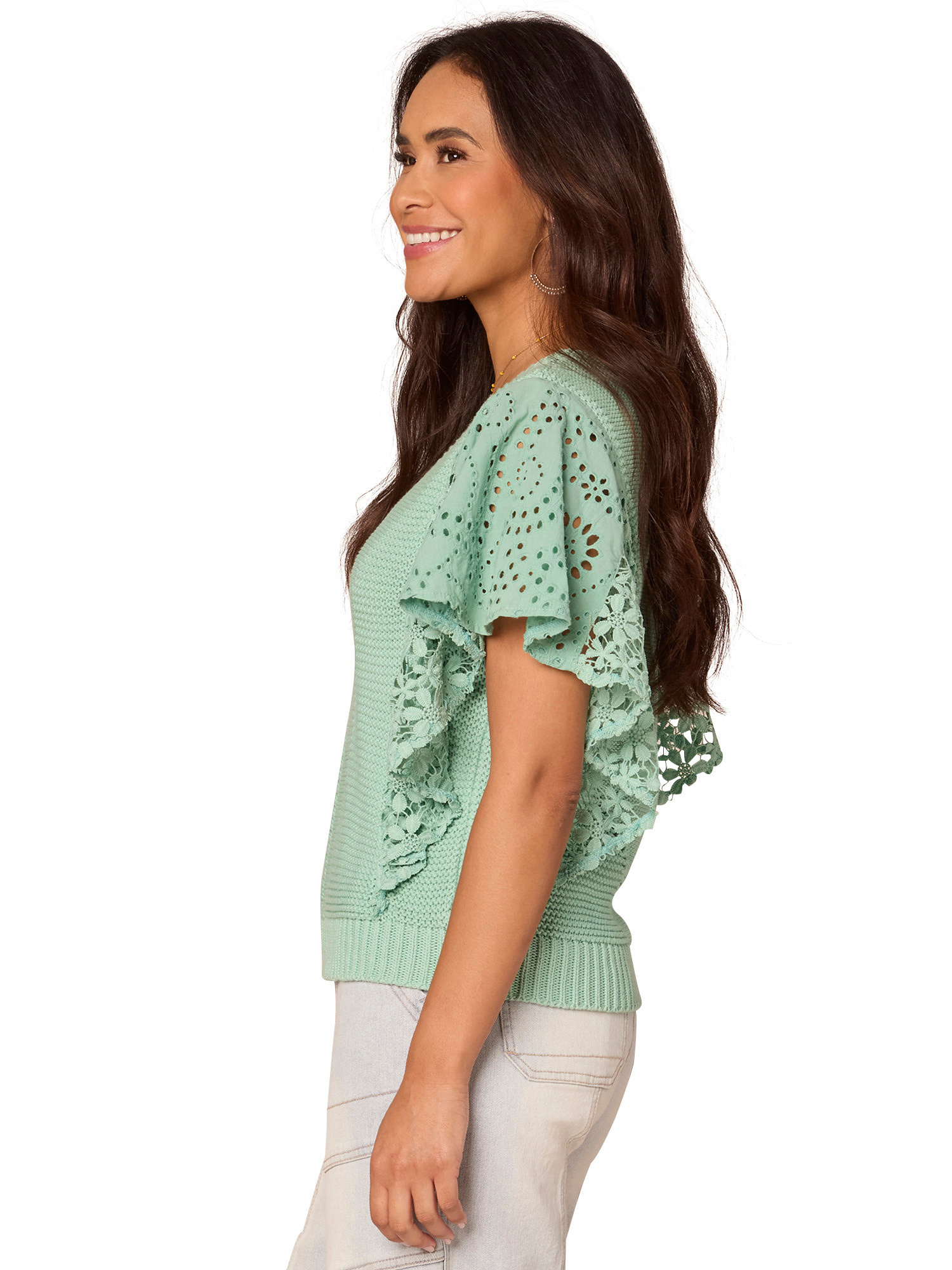 Democracy Light Winter Green Flutter Short Sleeve Mix Media Top