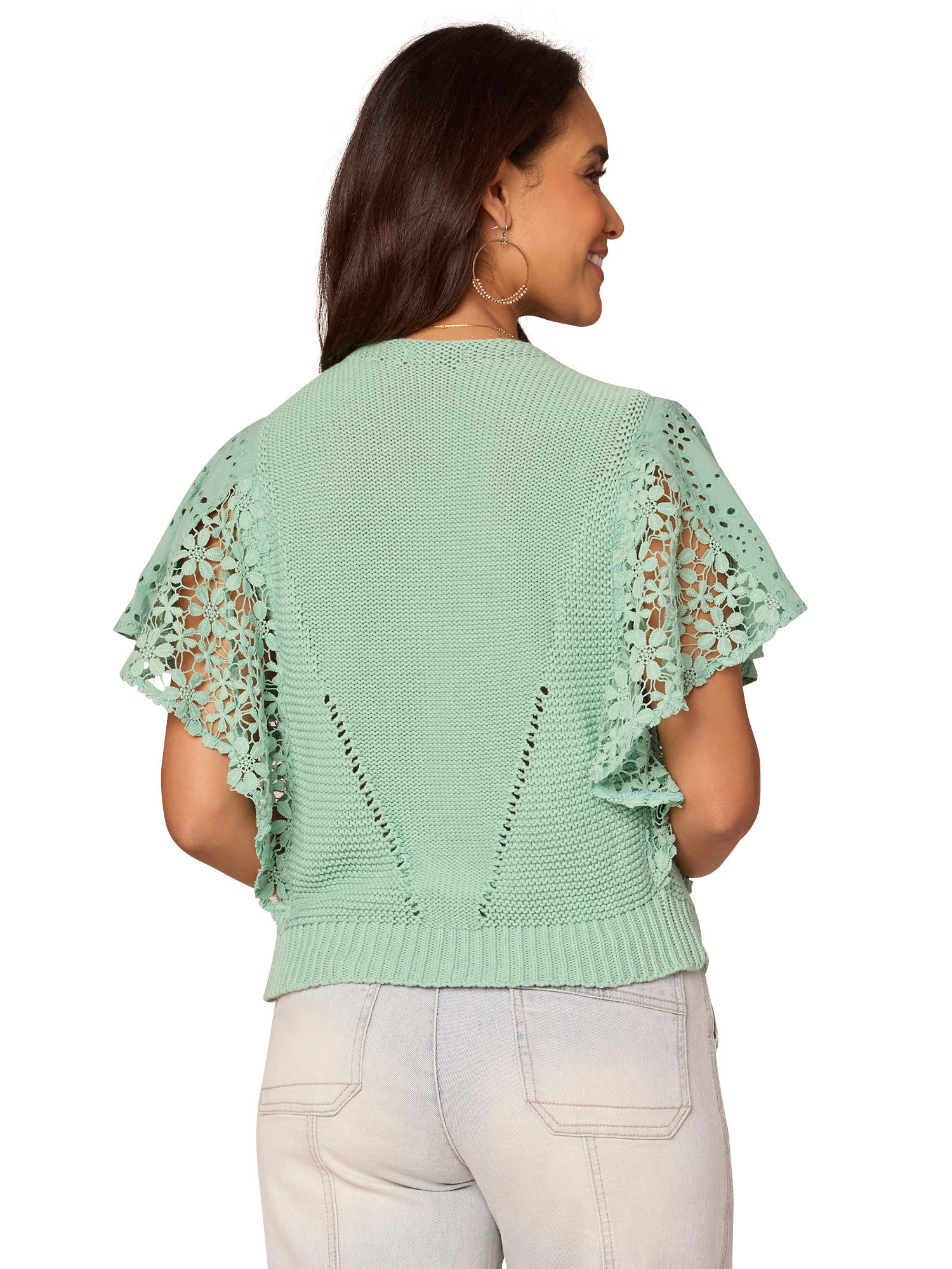 Democracy Light Winter Green Flutter Short Sleeve Mix Media Top