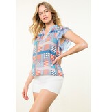 THML Blue Flutter Sleeve Striped Pattern Top