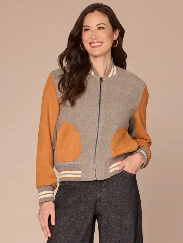 Democracy Heather Grey Pumpkin Multi LS Stand Collar Mixed Media Jacket