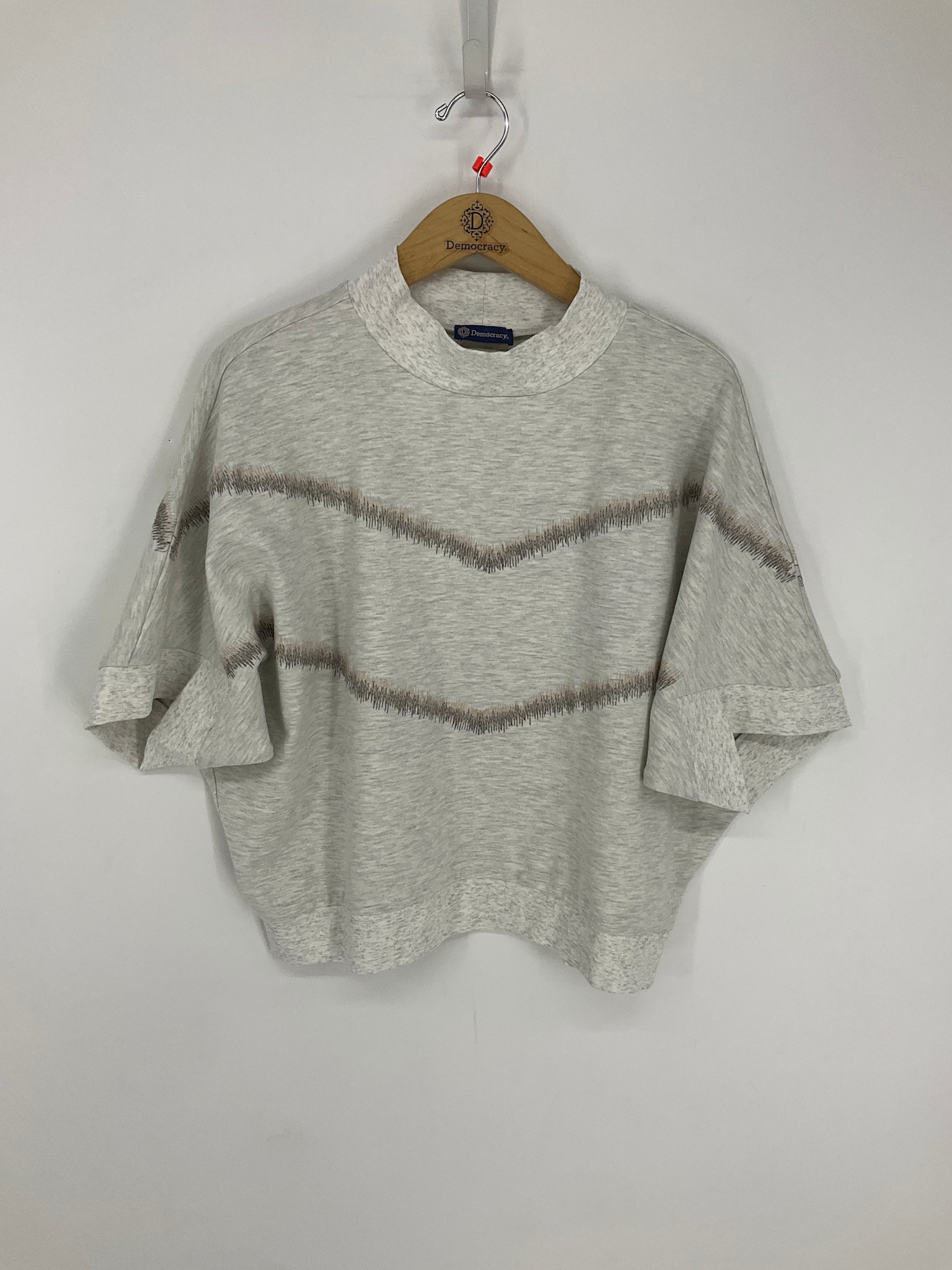 Democracy Heather Off White Multi Banded Hem Embroidered Knit Top