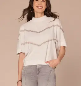 Democracy Heather Off White Multi Banded Hem Embroidered Knit Top