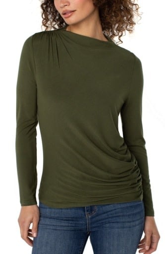 Liverpool Los Angeles long sleeve mock neck knit top w shirring