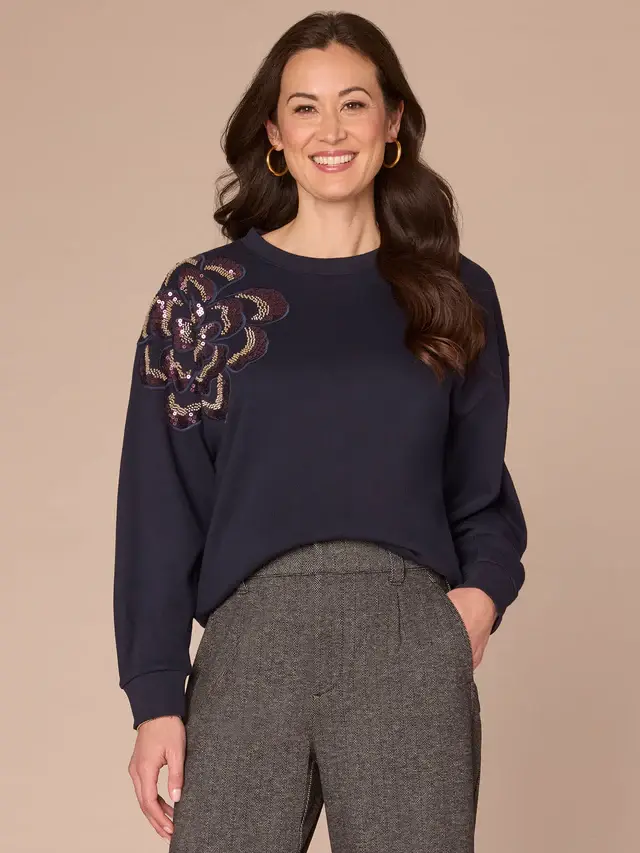 Democracy Deep Navy Dark Mulberry Long Sleeve Crew Neck Beaded Sweatshirt