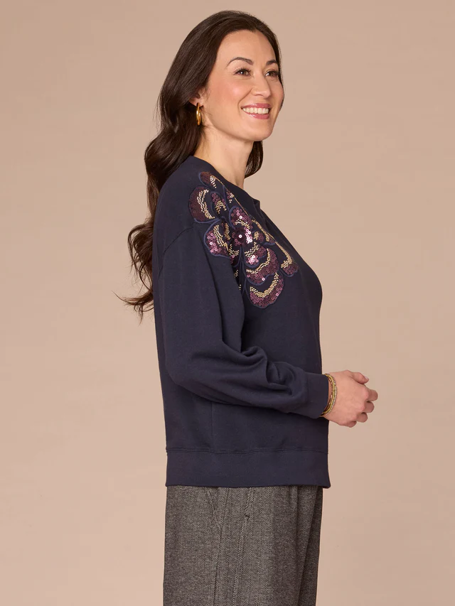 Democracy Deep Navy Dark Mulberry Long Sleeve Crew Neck Beaded Sweatshirt