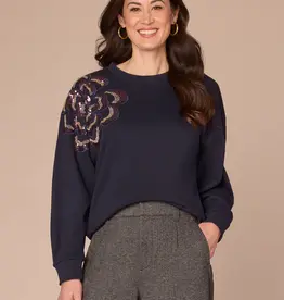 Democracy Deep Navy Dark Mulberry Long Sleeve Crew Neck Beaded Sweatshirt