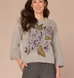 Democracy Heather Grey Multi Cuffed LS Round Neck Floral Jaquard Sweater