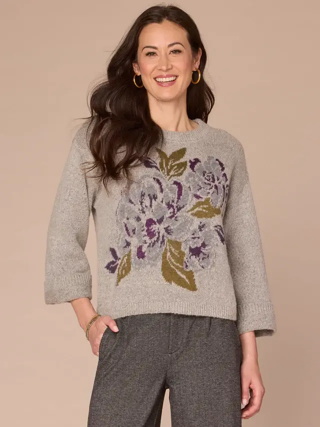 Democracy Heather Grey Multi Cuffed LS Round Neck Floral Jaquard Sweater