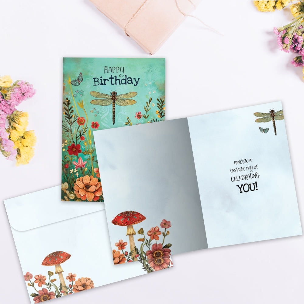 Dragonfly Toadstool Birthday Greeting Card