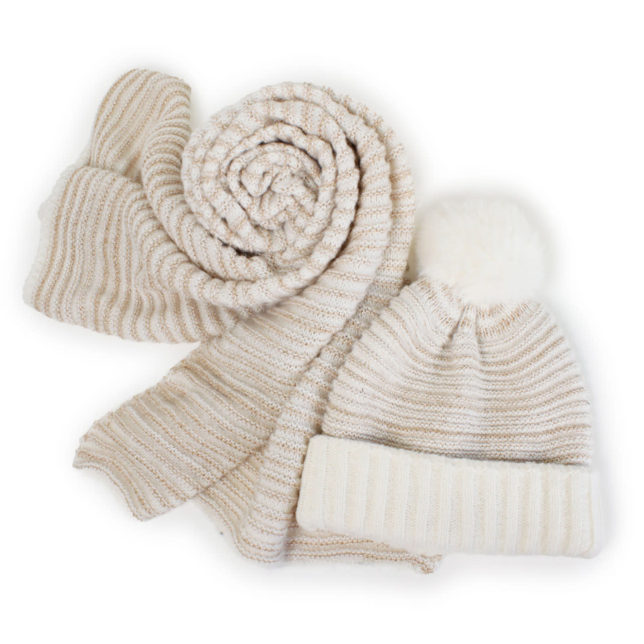 Lou & Co. Ivory Lurex Stripe Hat and Scarf Set