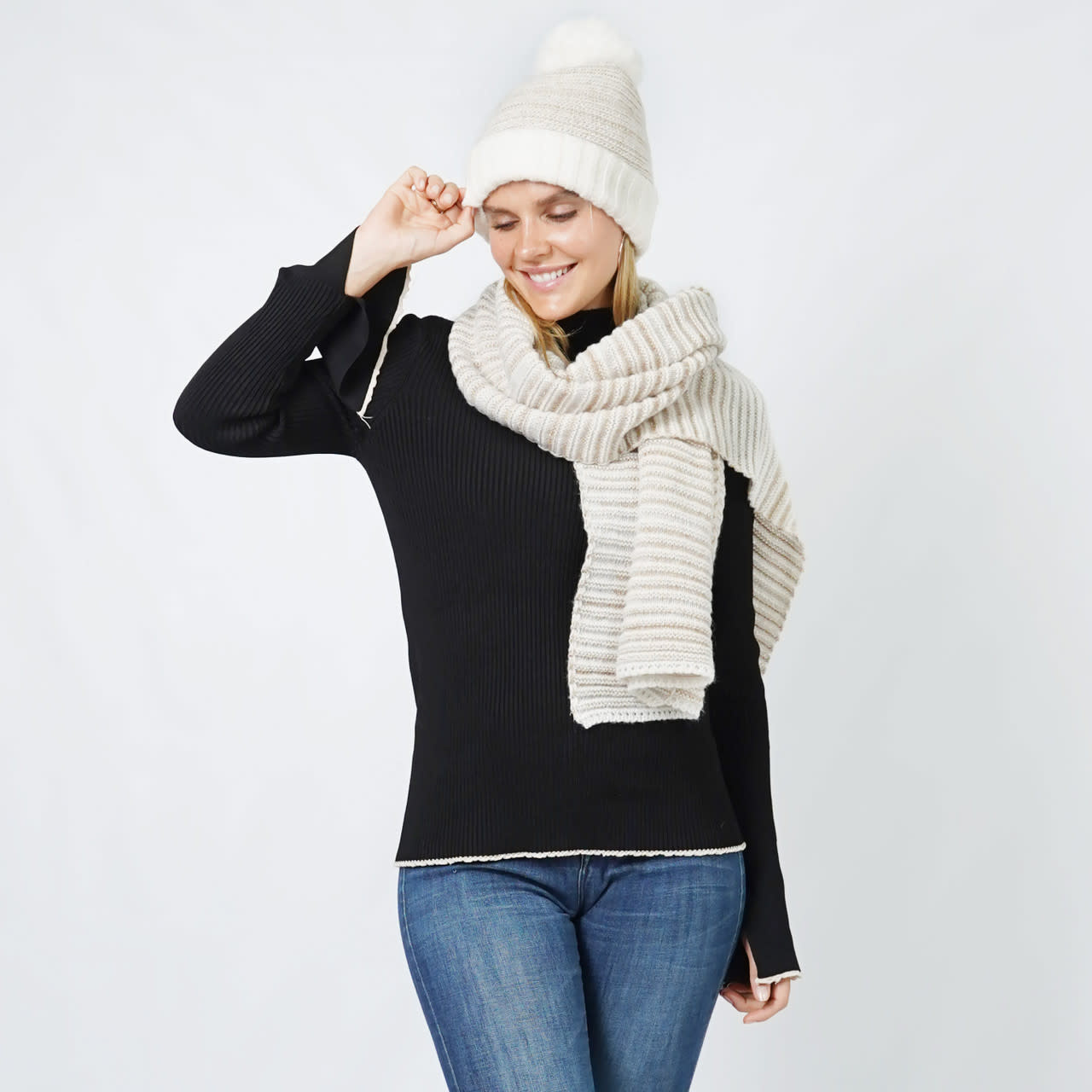 Lou & Co. Ivory Lurex Stripe Hat and Scarf Set