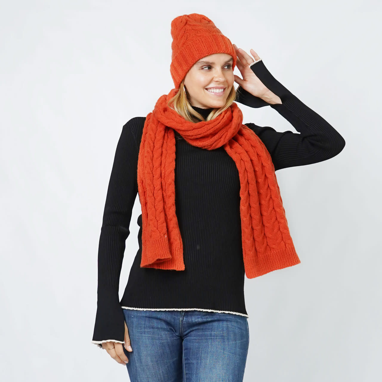 Lou & Co. Orange Cable Knit Hat and Scarf Set