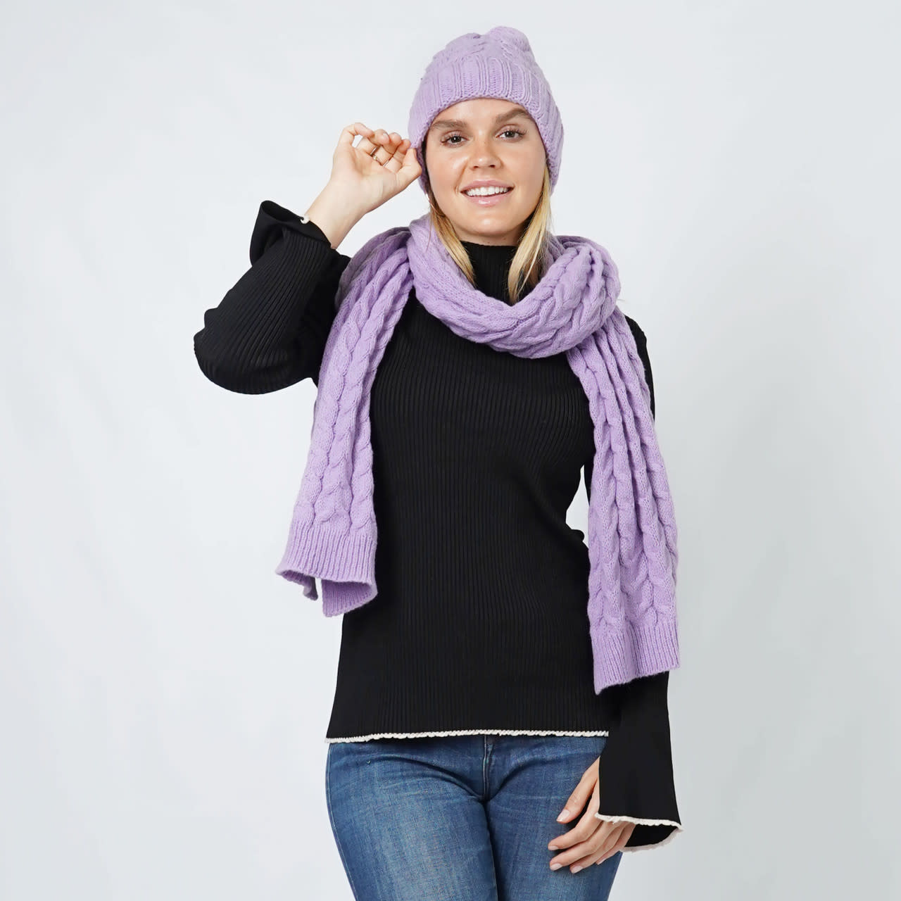 Lou & Co. Purple Cable Knit Hat and Scarf Set