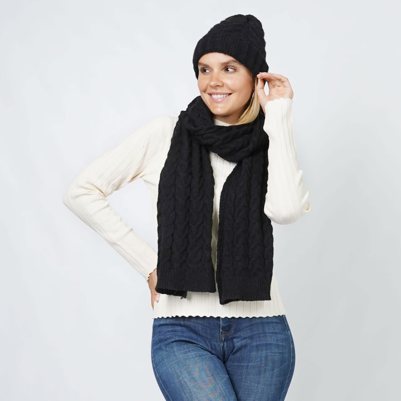 Lou & Co. Black Cable Knit Hat and Scarf Set