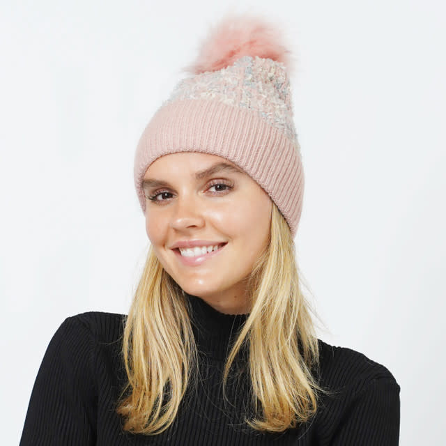 Lou & Co. Pink Tweed-like Knit Beanie With Pom Pom