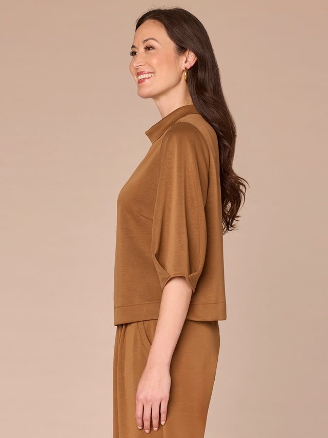 Democracy Nutmeg Pleated Elbow Sleeve Mock Neck Crop Top