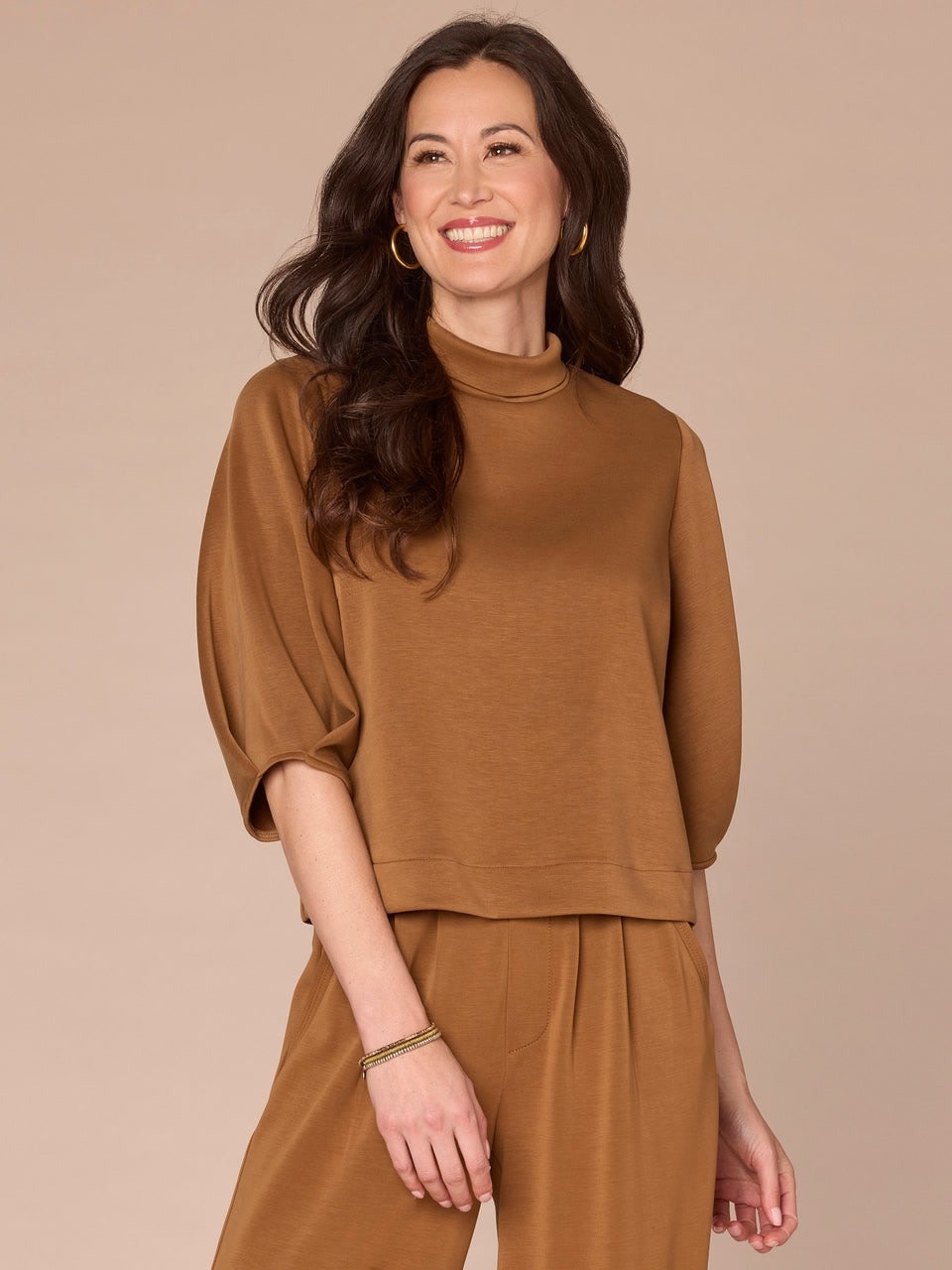 Democracy Nutmeg Pleated Elbow Sleeve Mock Neck Crop Top