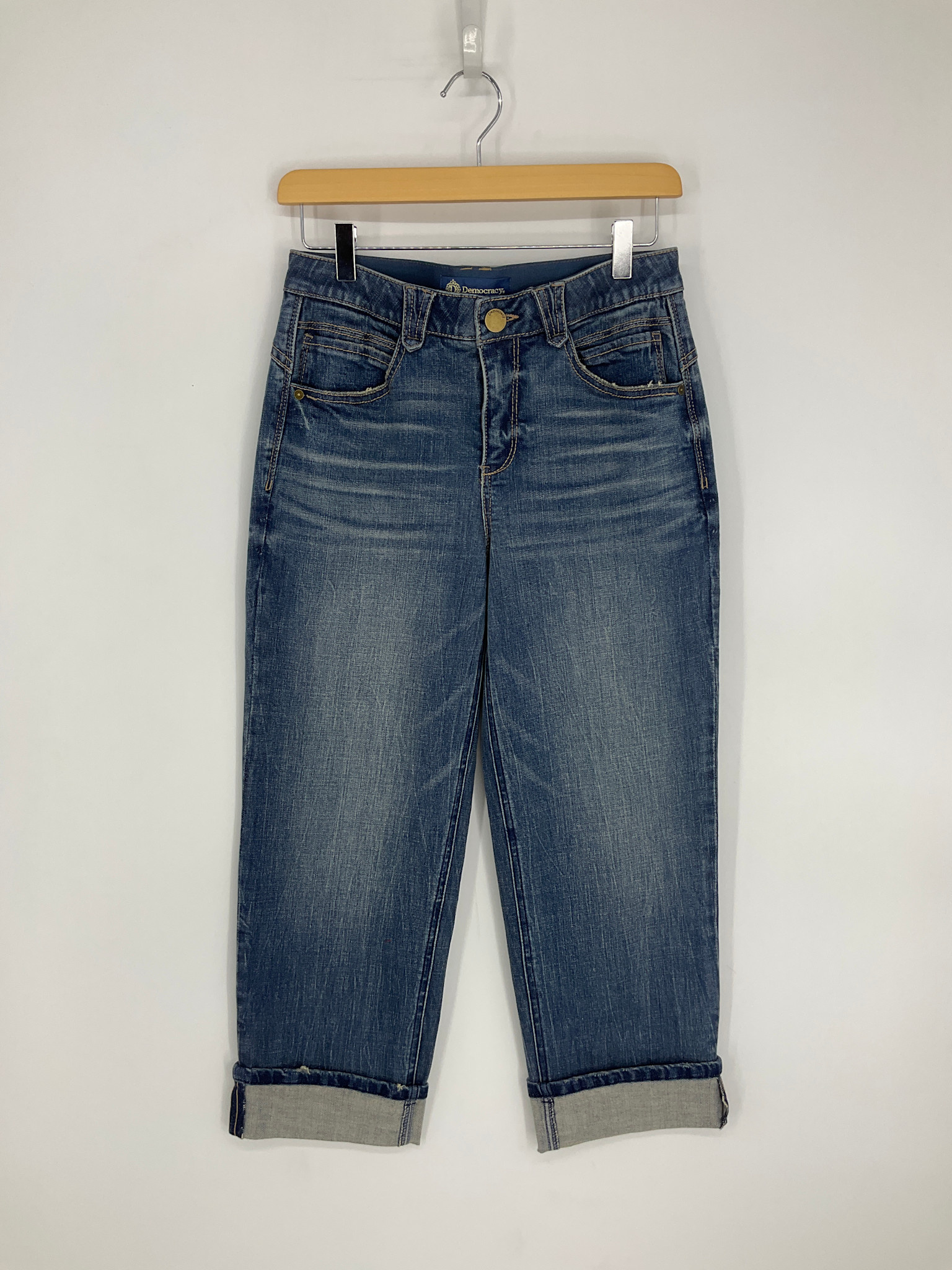 Democracy Mid Blue Artisanal 25" (28" Uncuffed)/16” "AB"Solution High Rise Round up Boyfriend Crop W/ Cuff