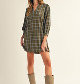 Jodifl Olive 3/4 Puff Sleeves Checker Dress