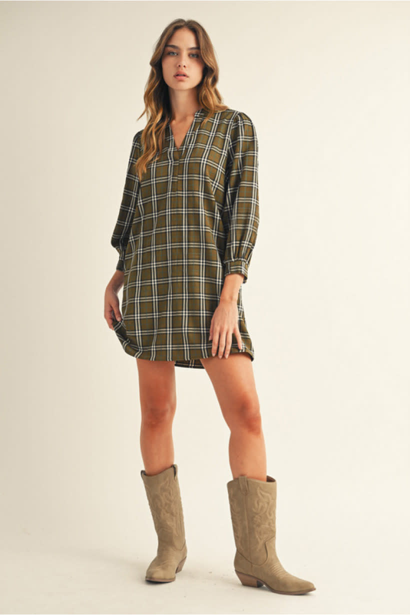 Jodifl Olive 3/4 Puff Sleeves Checker Dress
