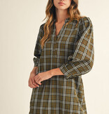 Jodifl Olive 3/4 Puff Sleeves Checker Dress