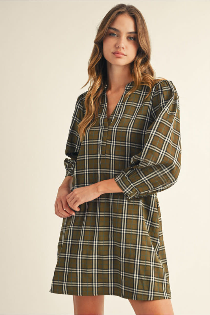 Jodifl Olive 3/4 Puff Sleeves Checker Dress