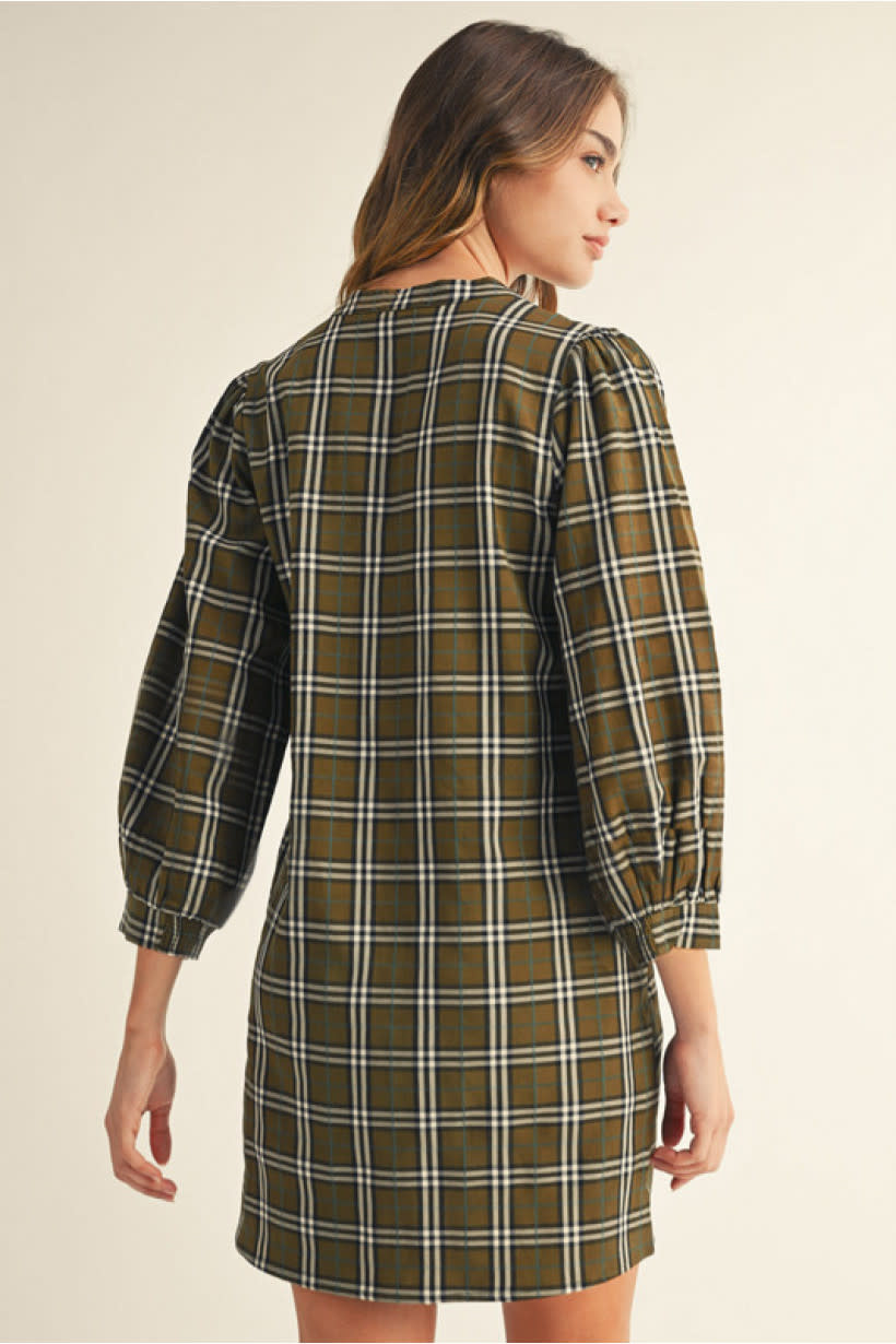 Jodifl Olive 3/4 Puff Sleeves Checker Dress