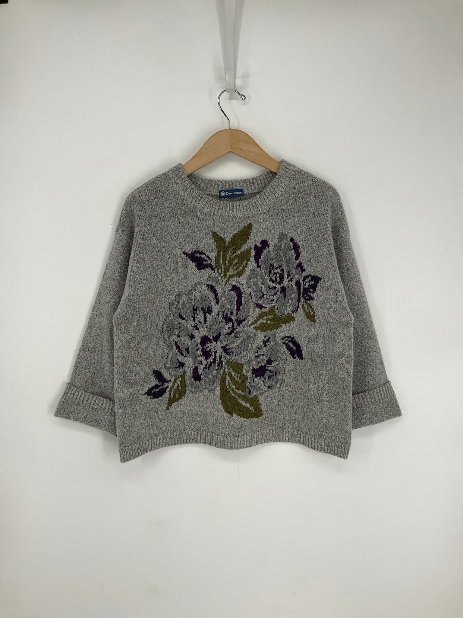 Democracy Heather Grey Multi Cuffed LS Round Neck Floral Jaquard Sweater