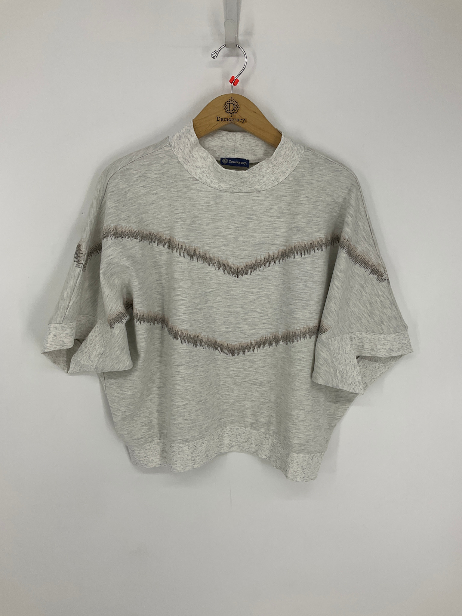 Democracy Heather Off White Multi Banded Hem Embroidered Knit Top