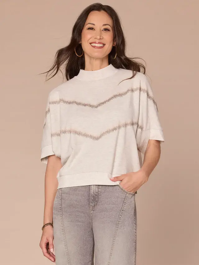 Democracy Heather Off White Multi Banded Hem Embroidered Knit Top