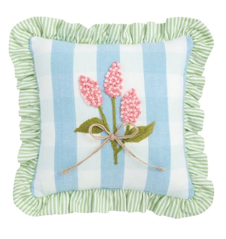 Mudpie Blue Check Ruffle Floral Embroidered Pillow.