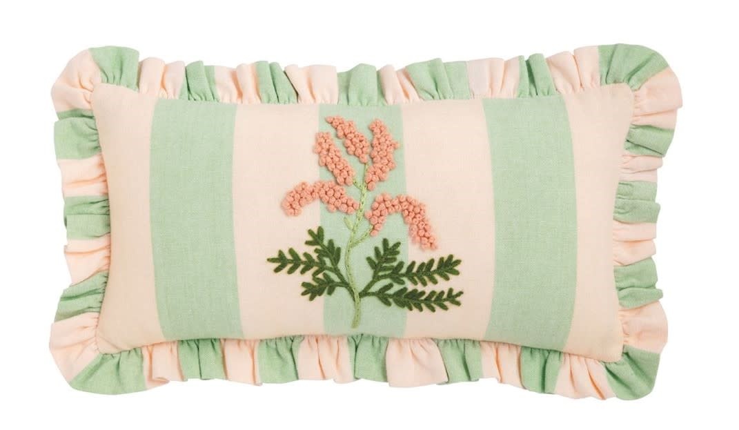 Mudpie Green Stripe Ruffle Floral Embroidered Pillow.