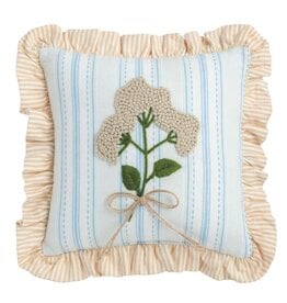 Mudpie Blue Multi-Stripe Ruffle Floral Embroidered Pillow.
