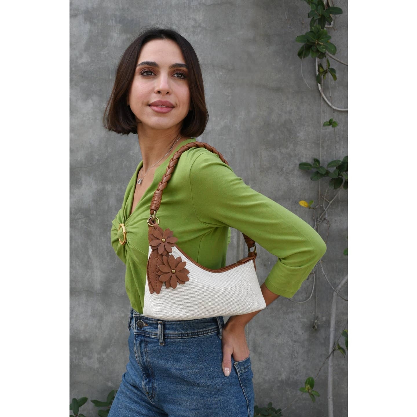 Liz Soto Riley Brown Linen Handbag (shoulder or crossbody)