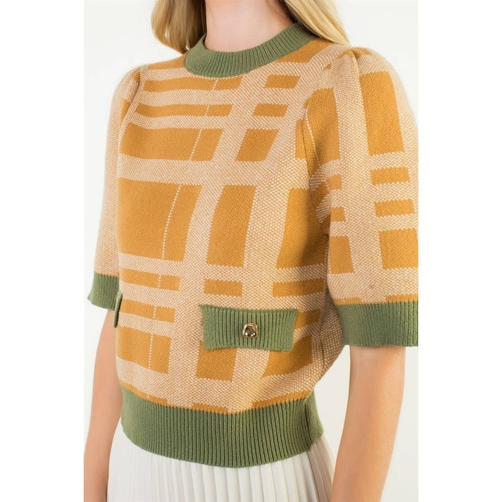 THML Short Sleeve Mustard & Olive Sweater w/Gold Button Detail