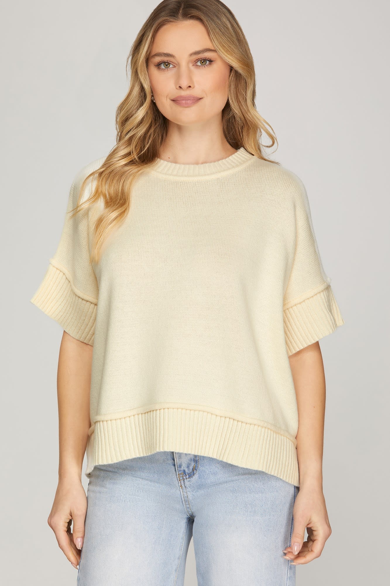 She + Sky Cream Drop Half Sleeve Sweater Top