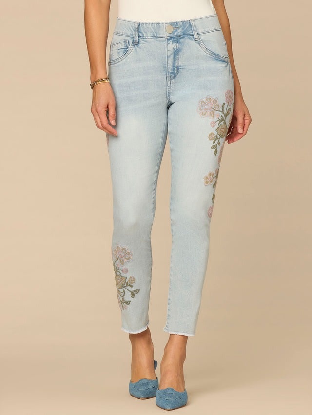 Democracy Light Blue Artisanal 27/11” “AB” Solution Floral Embroidered High Rise Skimmer