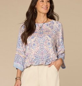 Democracy Provence Blue Multi Printed Boat Neck Kimono Top