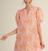 Jodifl Peach Mix Short Puff Sleeves Floral Jacquard Dress